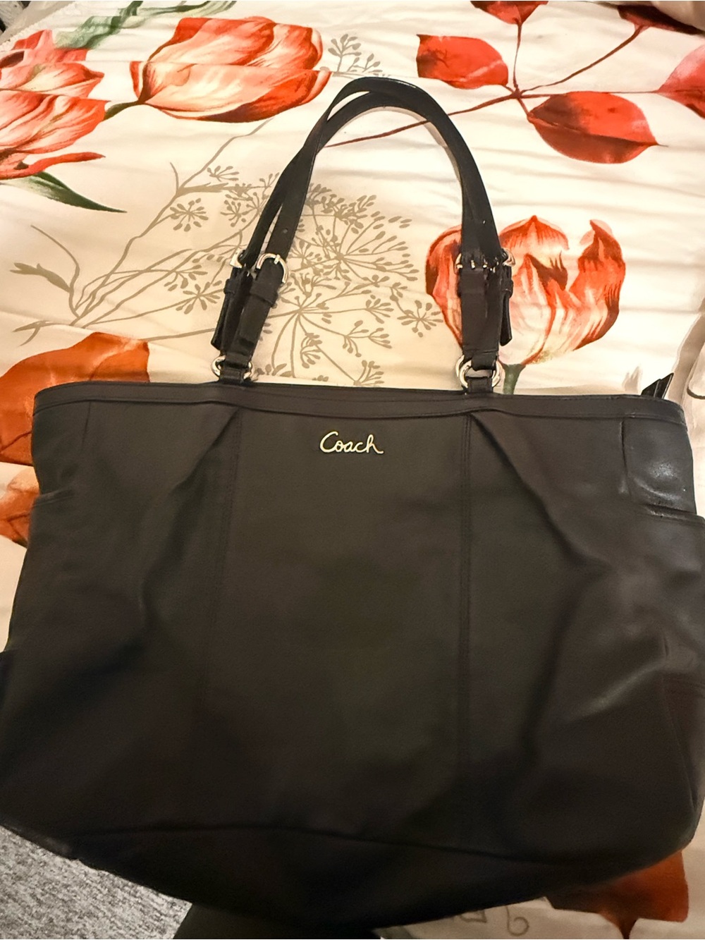 Coach Black Leather Tote Shoulder Bag with silver Logo with adjustable straps.